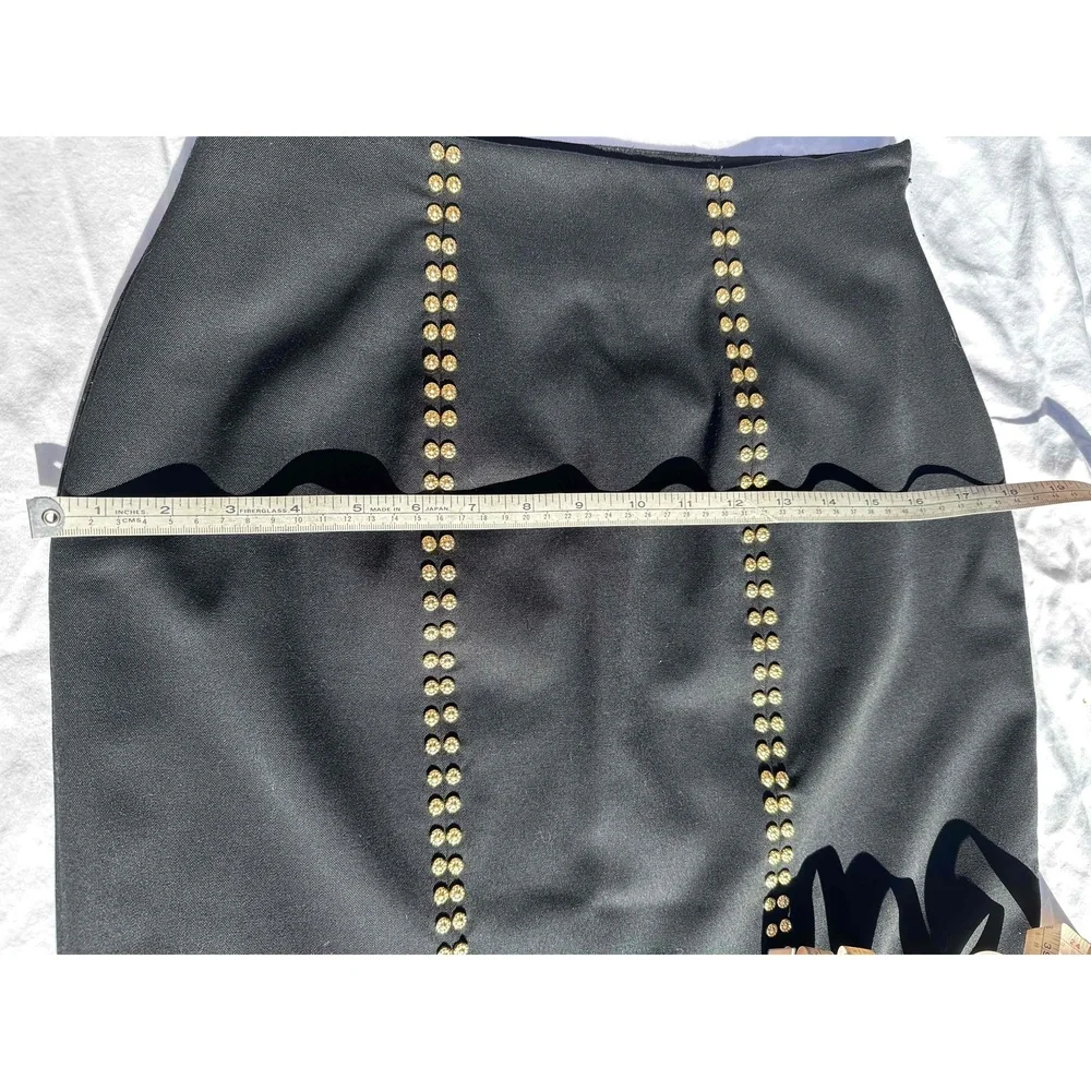 Erez Collections Midi Bedazzled Skirt 100% Wool Gold Studs Slits Black Women's S